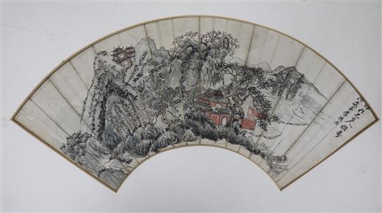 Two 19th century Chinese water and ink fan leaf designs approx. 7 x 19in., unframed